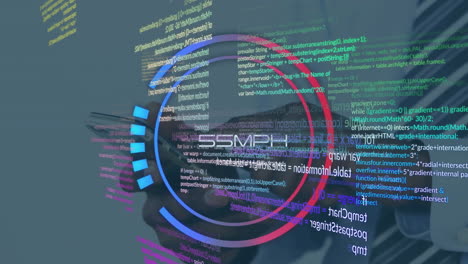 animación del velocímetro y el procesamiento de datos sobre un empresario afroamericano que usa un teléfono inteligente