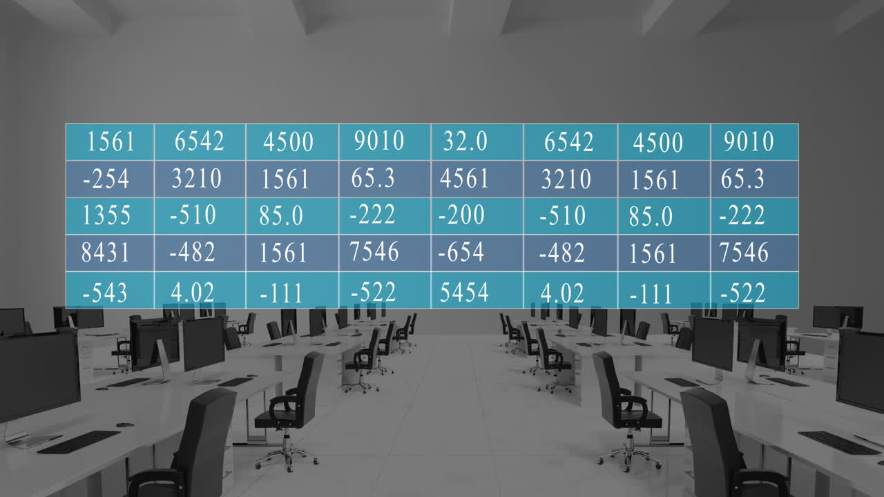 Animation of data processing against empty desks in office