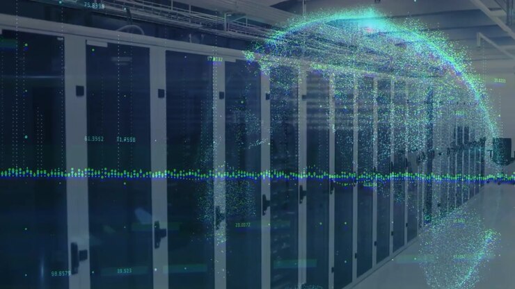 Racks staying static while particle globe emerging right sending left arcs visualizing data flow