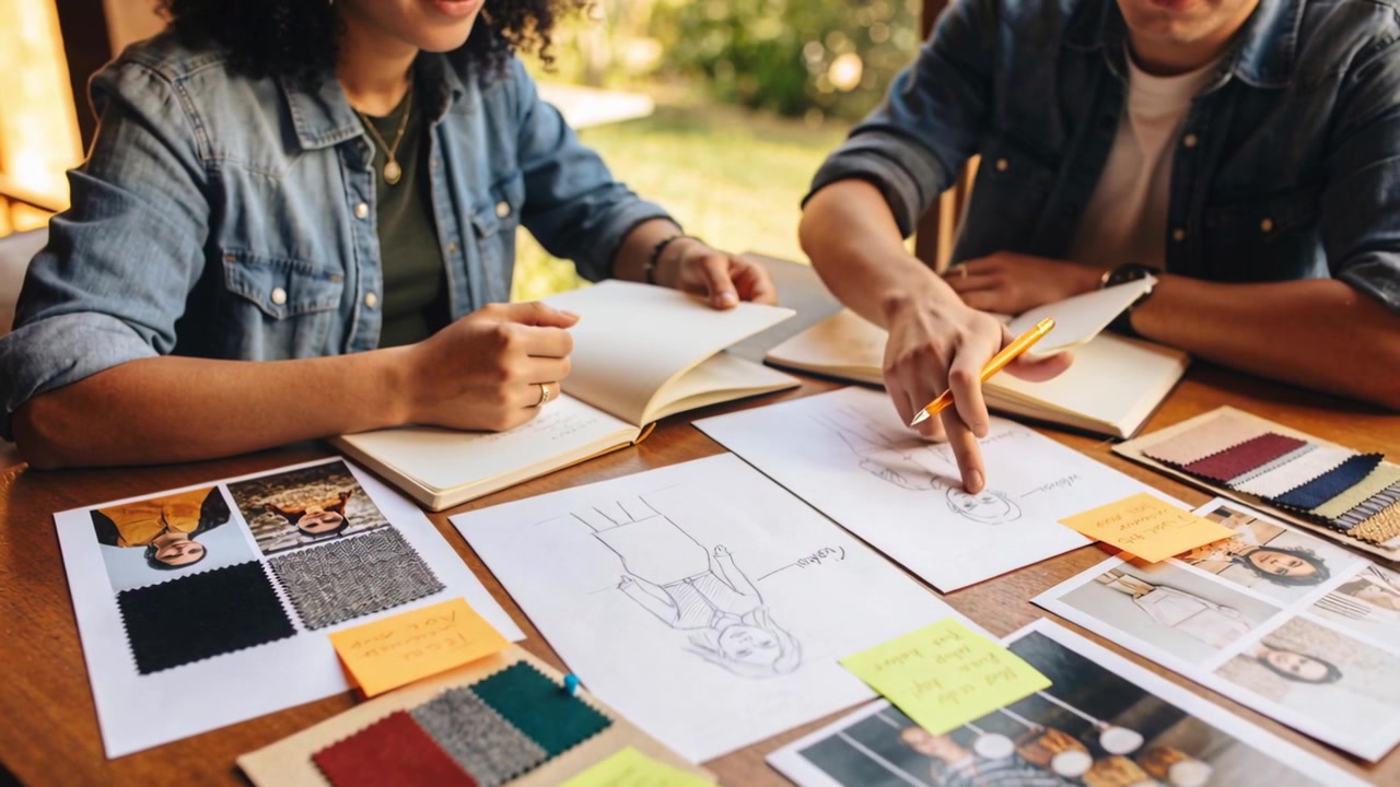 Opening notebooks, colleagues in denim and casual shirts marking sketches at home table for design