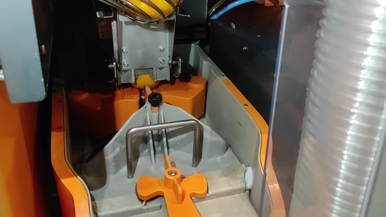 máquina automática para hacer jugo de naranja, trabajando en exprimir naranjas para jugo