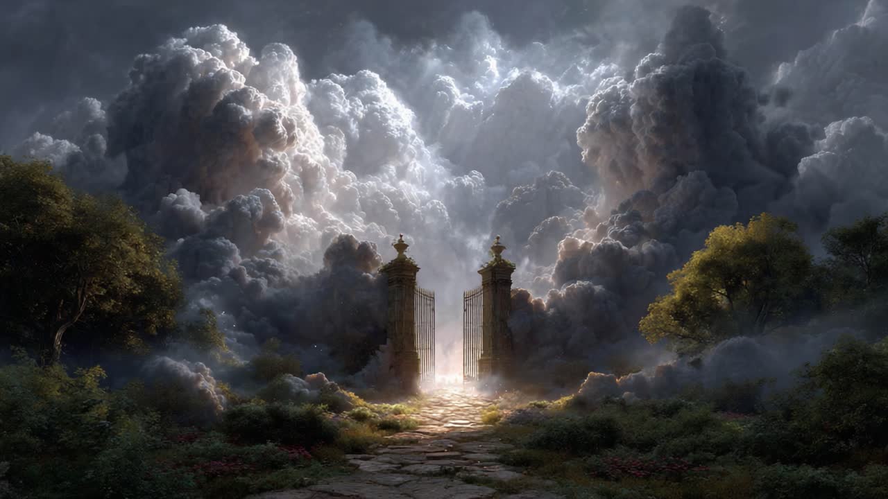A Mysterious Passage Through Enigmatic Gates: A Journey into Light and Shadow Amidst Dramatic Skies and Lush Greenery