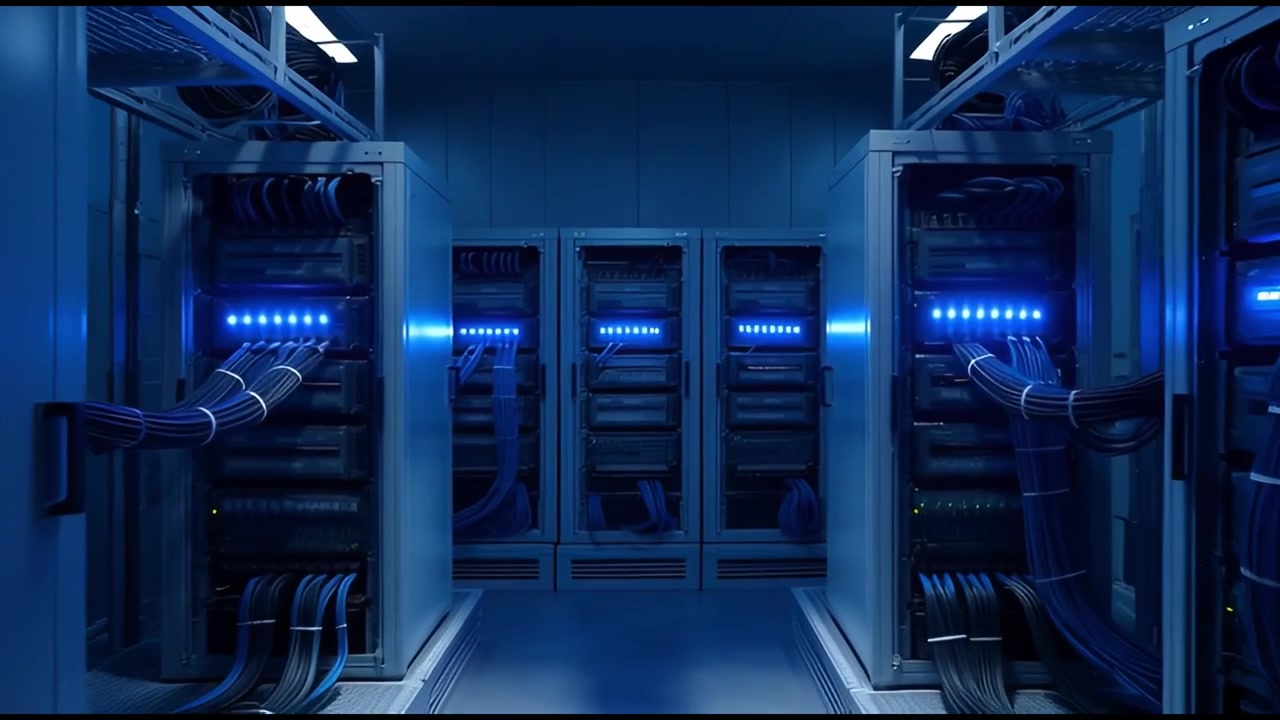 Tracking Shot Through a High-Tech Server Room with Glowing Blue Lights