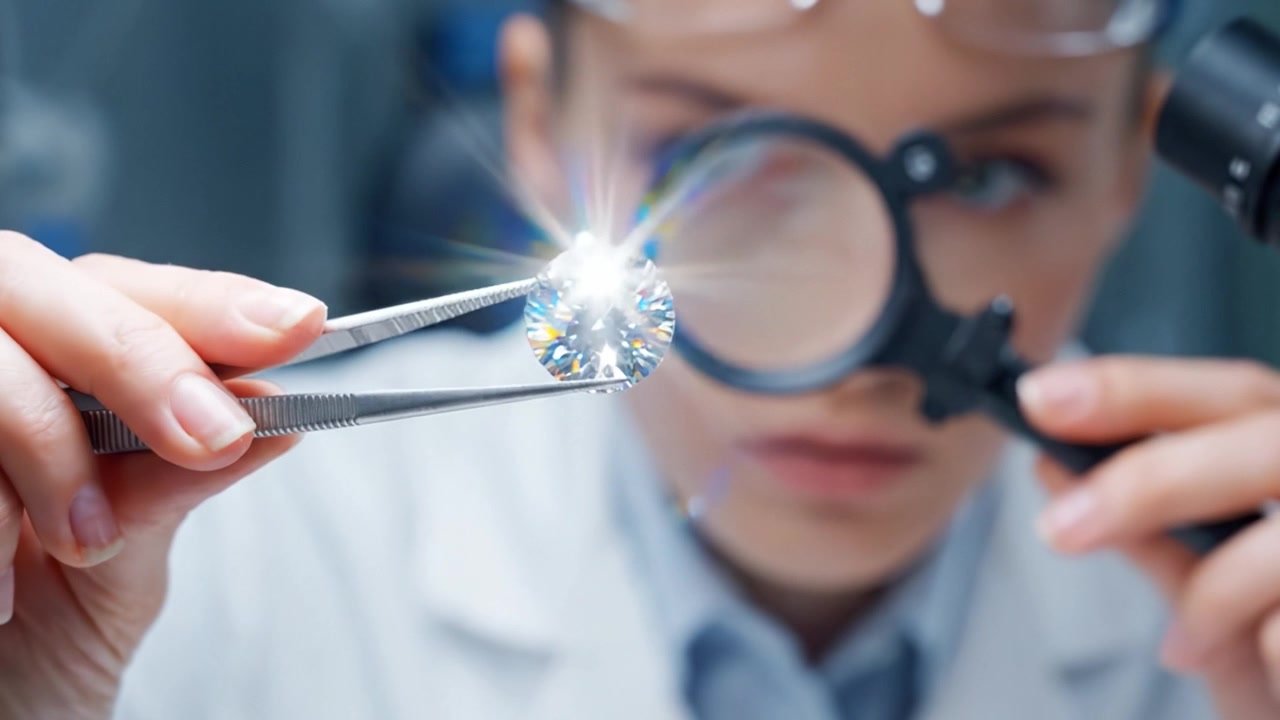 Focused Gemologist Conducting Detailed Examination of a Diamond Using Magnifying Glass and Tweezers in a Lab Setting