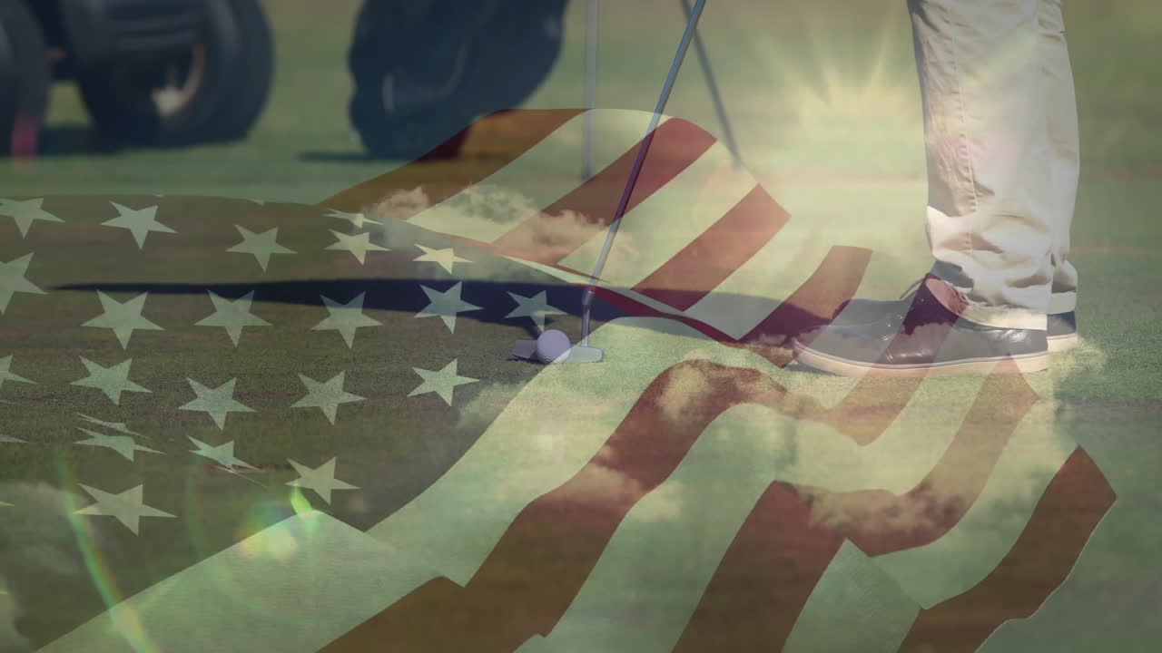 Golfer putting golf ball on green with flag overlay and sun flare in double-exposure style