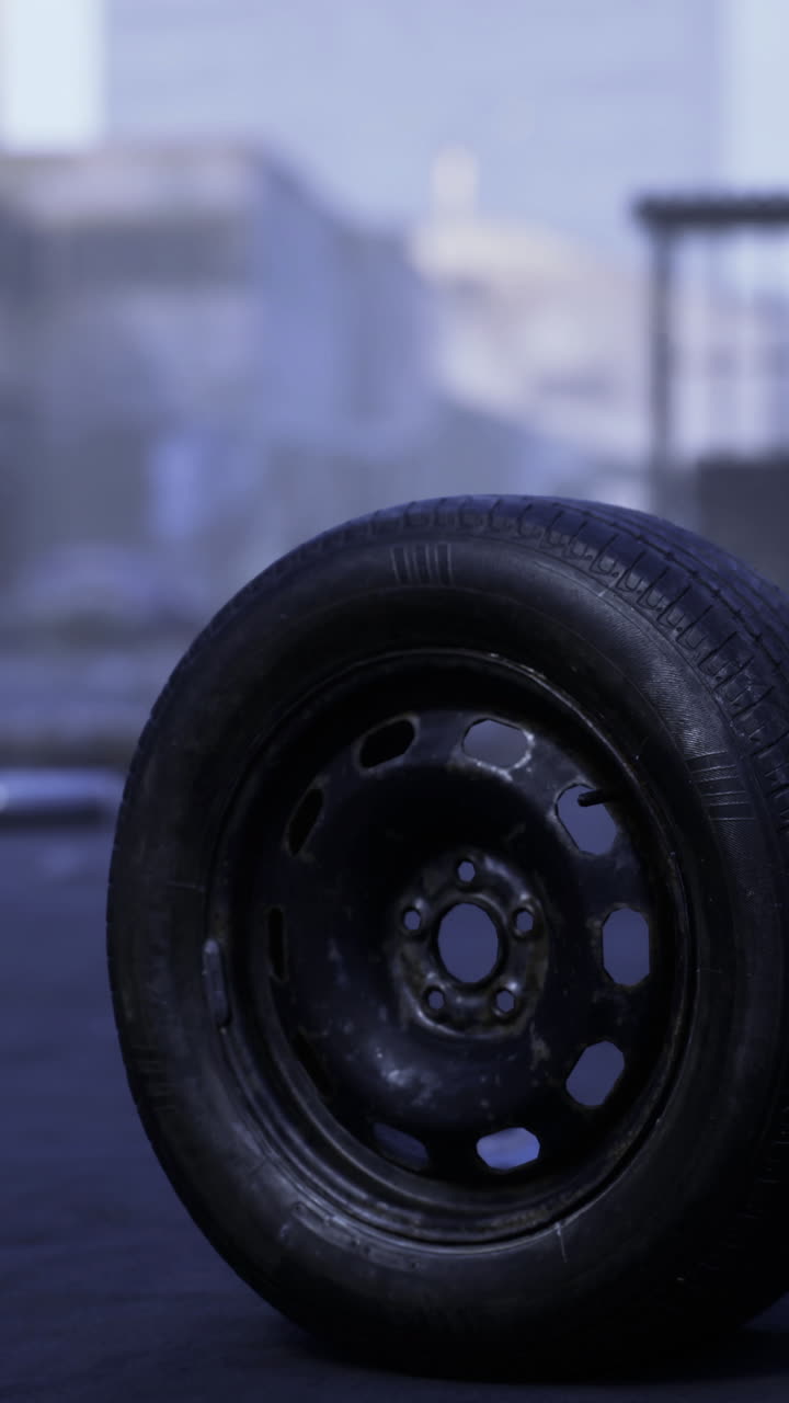 Urban landscape featuring a solitary tire on a deserted street at dusk