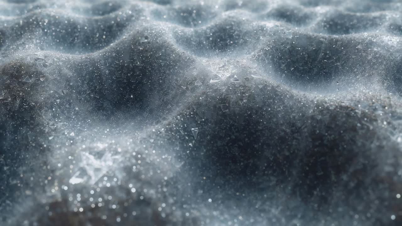 Shifting grazing light causing frosty grains sparkling in macro shot, showing triangular shard