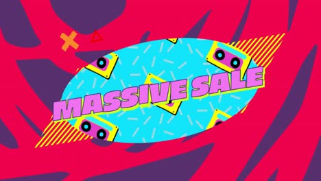 Massive-sale-words-on-blue-oval-with-audio-cassettes-graphic-on-red-and-blue-background-4k