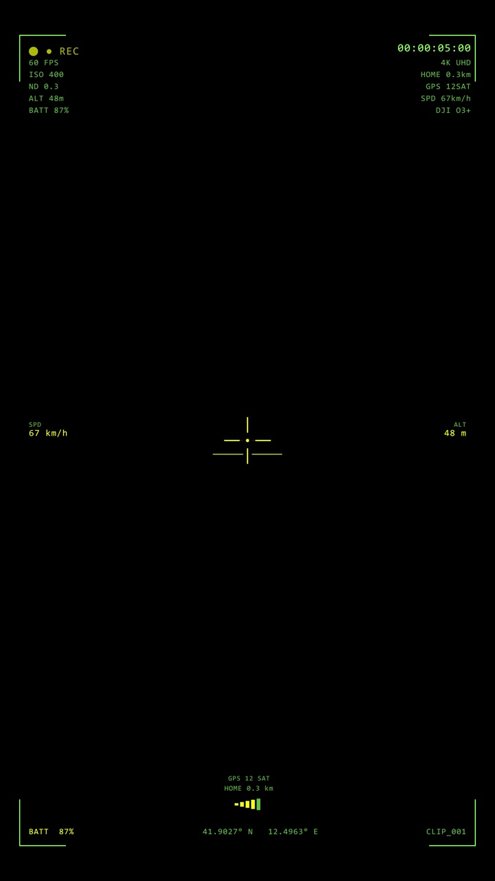 Vertical format drone FPV viewfinder with technical telemetry and battery info on black background