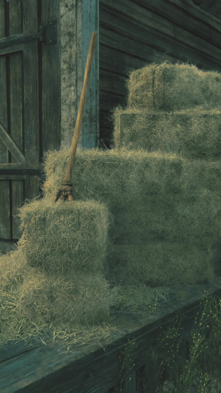 Stacks of hay near a rustic wooden building in twilight