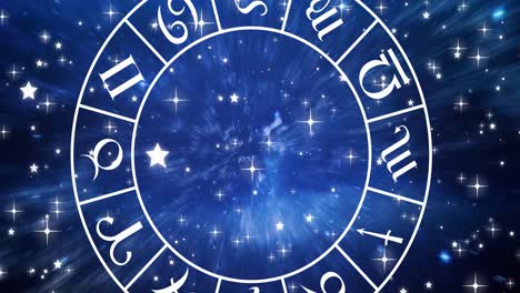 animation of spinning zodiac sign wheel over stars on blue sky