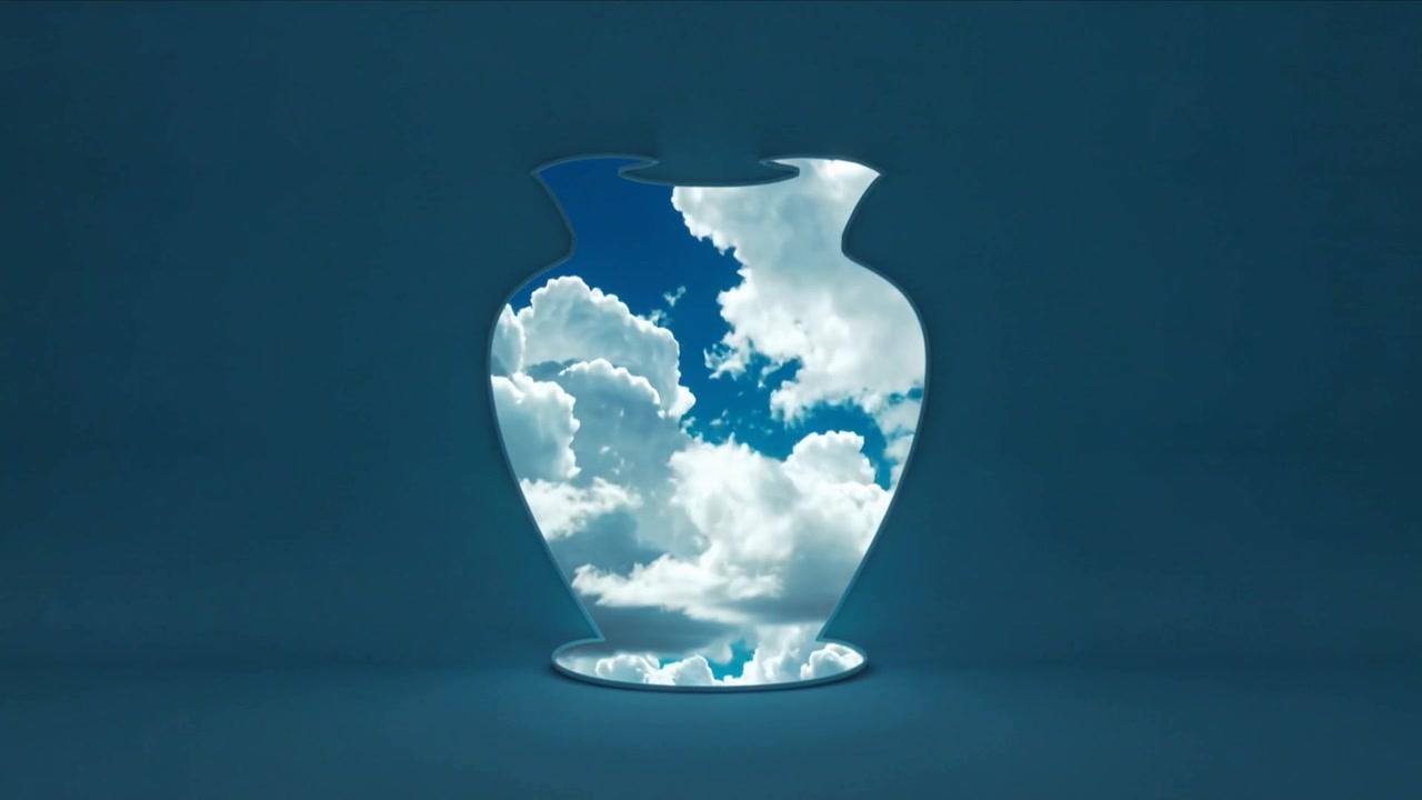 Showing vase mirror showing drifting clouds with sky animation starting on teal set with glass base