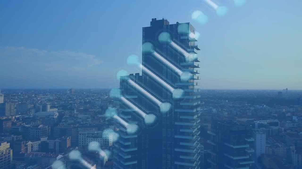 Struttura del DNA in rotazione su una vista aerea di paesaggio urbano