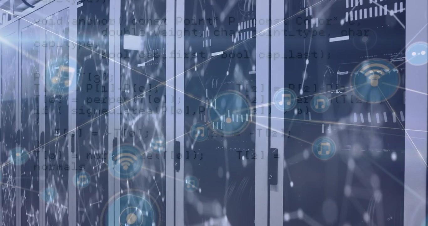 Animation of data processing and network of connections over server room