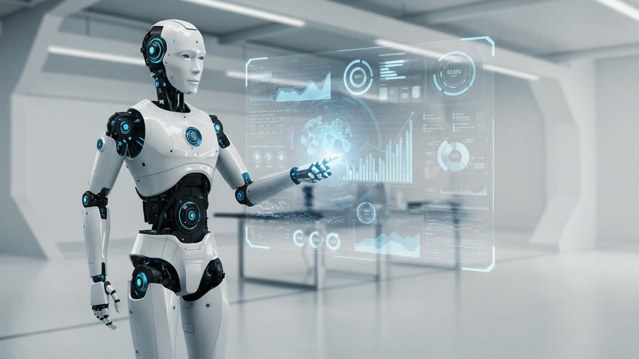 Futuristic Robot Analyzing Data in a High-Tech Environment with Holographic Interface Displaying Graphs and Analytics in a Modern Space