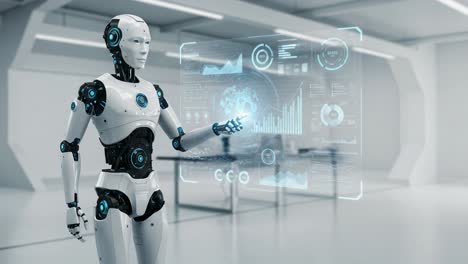 futuristic robot analyzing data in a high-tech environment with holographic interface displaying graphs and analytics in a modern space