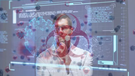animación del icono de peligro biológico, células de virus, interfaz digital sobre el médico masculino