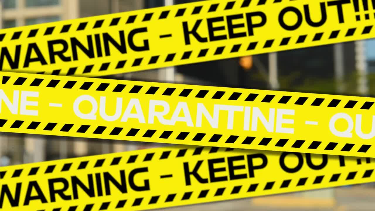 테이프에 노란색으로 쓰여진 "분리 경고 외출하지 마세요"라는 단어의 애니메이션