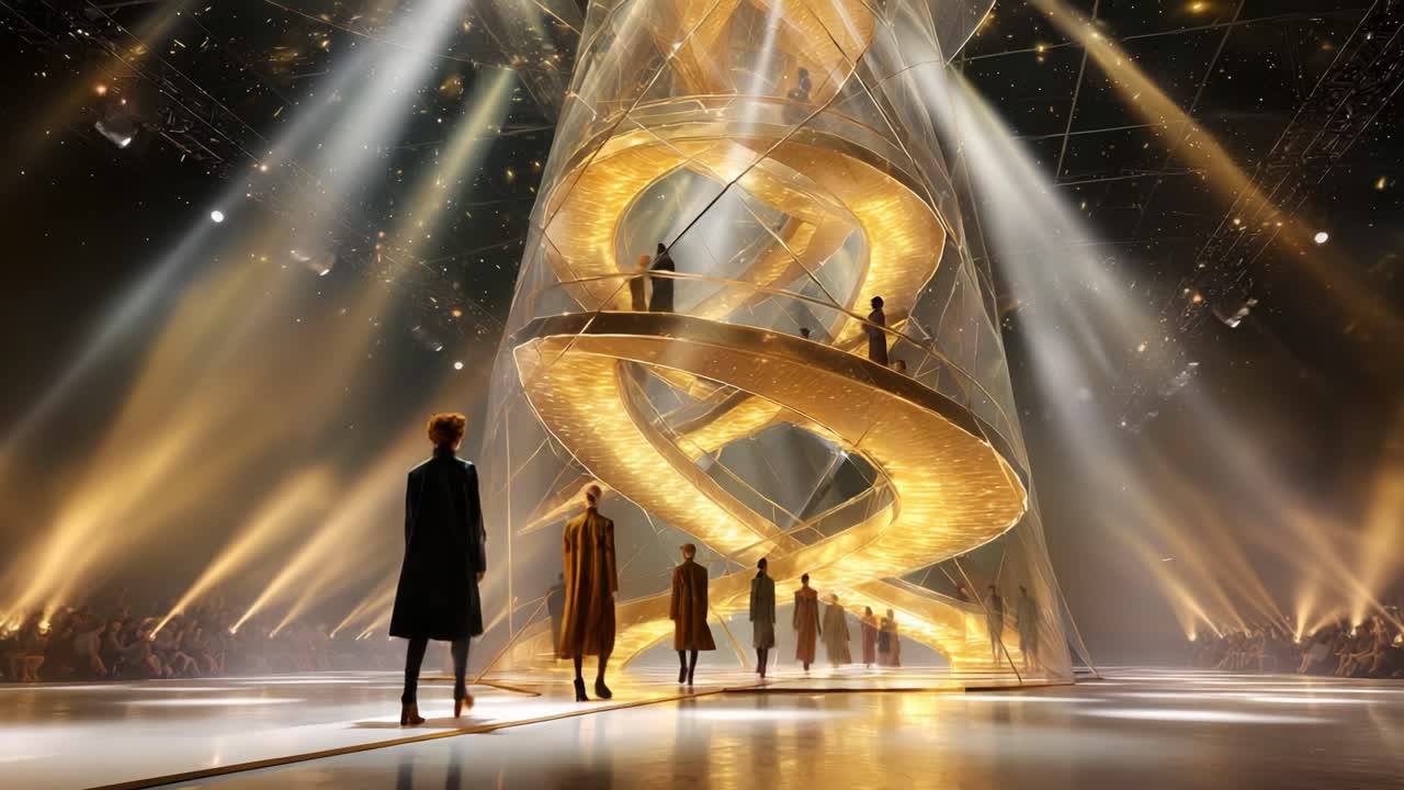 A stunning fashion show backdrop featuring an innovative spiral structure illuminated by golden lights, showcasing a blend of elegance and modern design as models walk the runway in striking silhouettes