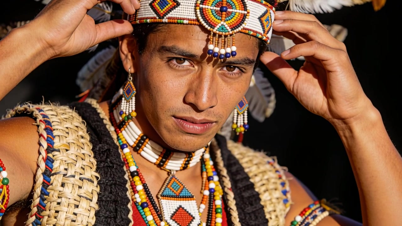 Indigener Mann hebt Hände, trägt Halsband, passt Perlenmedaillenband im Studio an, zentriert Federn.