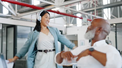 headphones, music and business woman dance