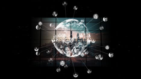 animation of globe and data processing over modern apartment and cityscape