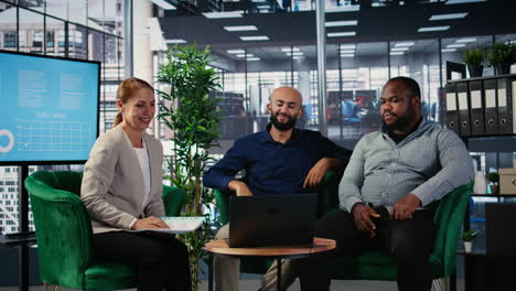 vertical video business people attending an online web conference during a meeting