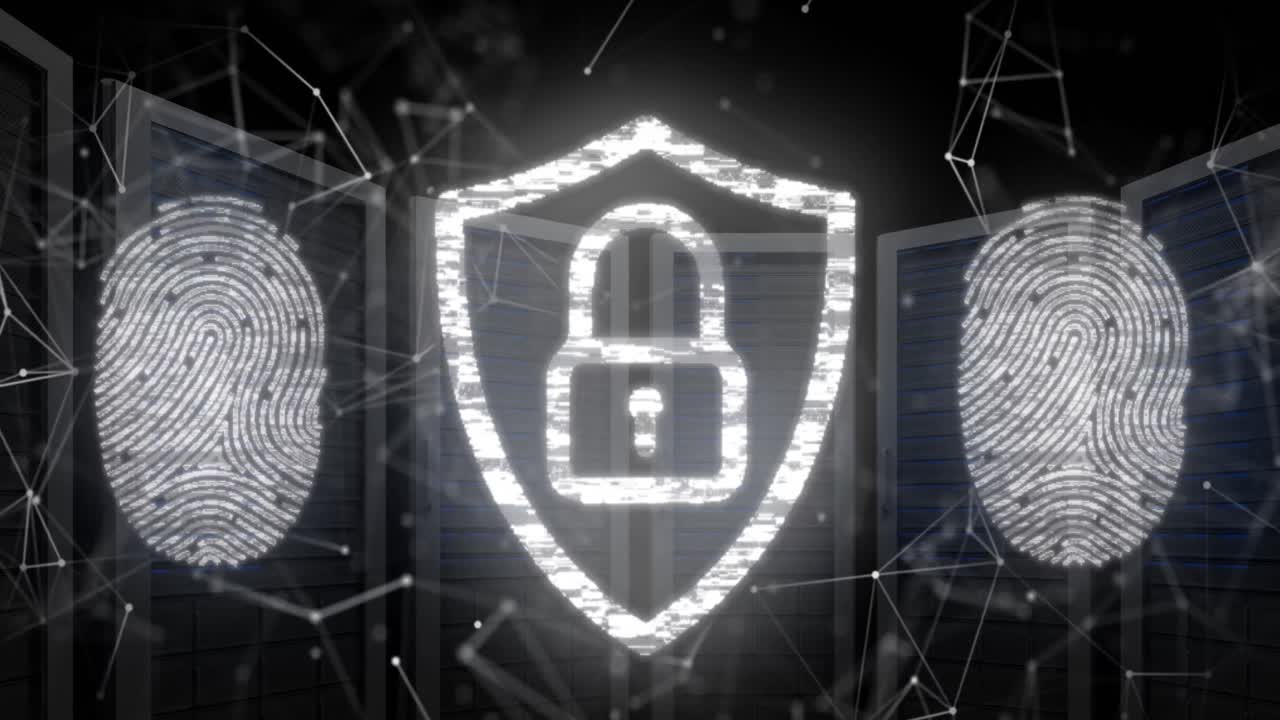 анимация отпечатков пальцев и замка в щите над соединенными точками против серверных стоек