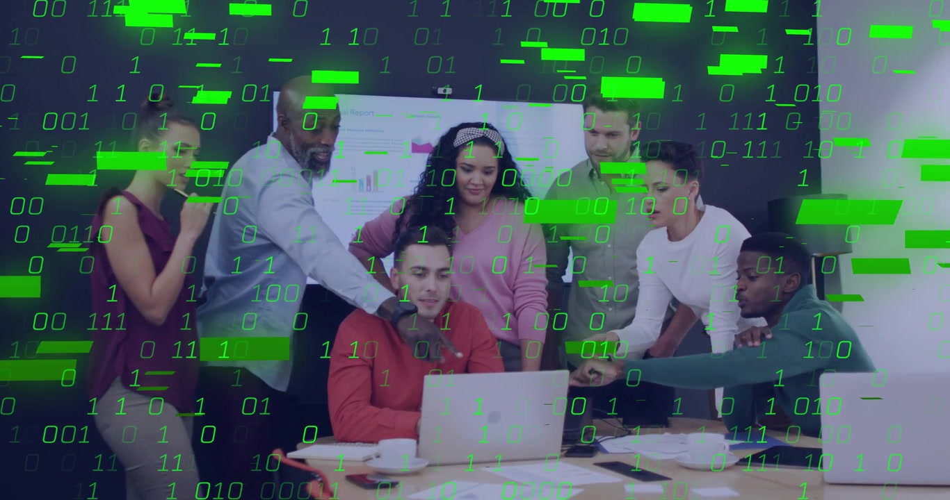 Team at laptop, operator typing starting green overlay obscuring faces for business review