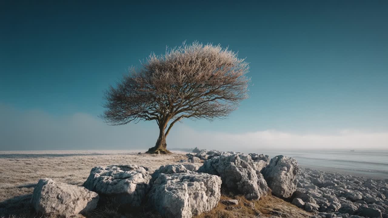 Un albero isolato si erge contro un paesaggio sereno, circondato da affioramenti rocciosi e un cielo limpido, catturando la tranquillità della natura.