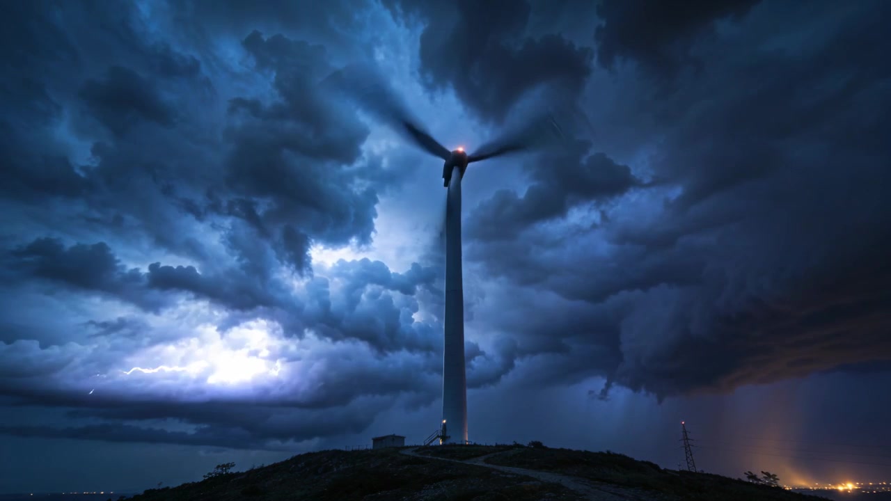 Roterende vindmølle kæmper mod stormvinde på en bjergryg om natten, lyn afslører rødt lystårn.