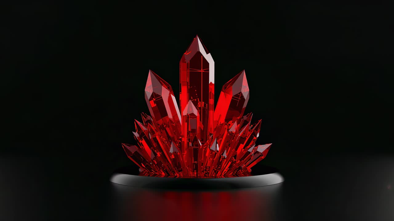 Shifting lights hitting red crystal cluster on matte-black base in studio, revealing refractions