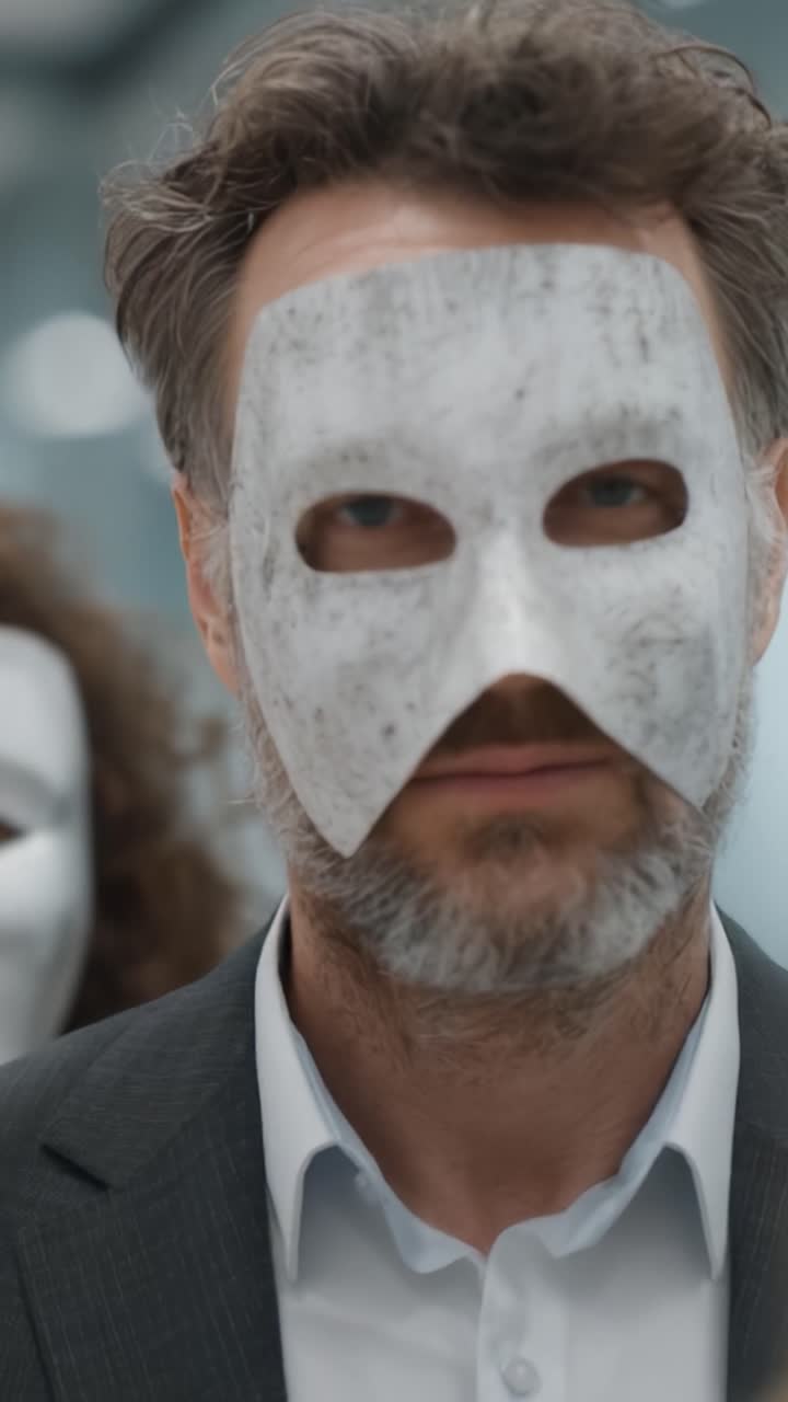 Eine mysteriöse Begegnung: Ein Mann mit weißer Maske und markantem grauem Bart und eine weitere maskierte Gestalt im Hintergrund, festgehalten in einem zeitgenössischen Ambiente.