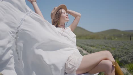 woman in a white dress in a lavender field
