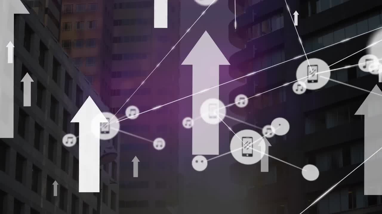 animación de la red de conexiones con iconos sobre el paisaje urbano