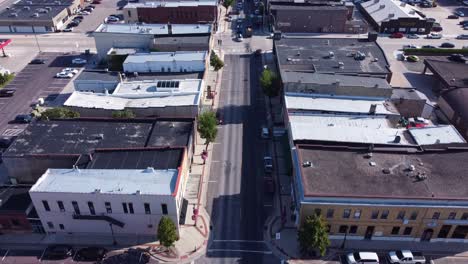 aerial over main street in a small town in minnesota