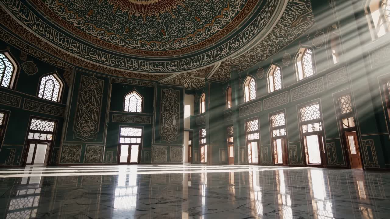 Sunbeams are streaming through arched windows into a serene mosque interior, illuminating the intricate calligraphy and ornate dome, creating a peaceful atmosphere