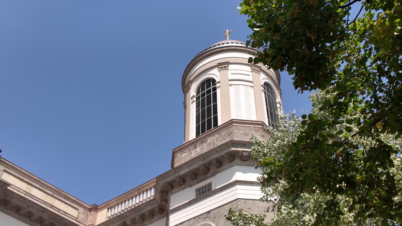 Pan shot across the domes of Esztergom Basilica, revealing its ornate architectural details