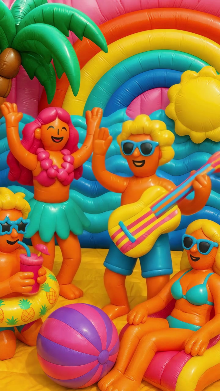 Colorful Inflatable Characters Enjoying a Vibrant Summer Beach Party