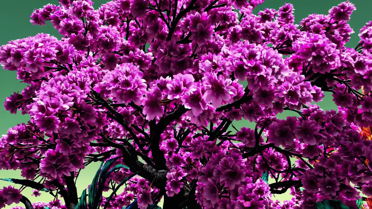 Fotograma de vídeo vibrante de un árbol frondoso con flores rosas sobre un cielo verde, capturado desde un ángulo bajo