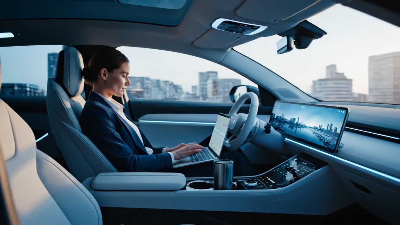Businesswoman Working in Autonomous Car
