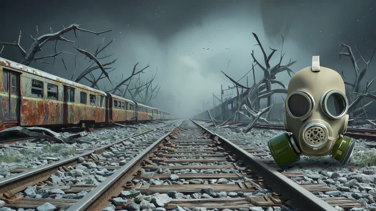 Post-Apocalyptic Train Tracks with Gas Mask