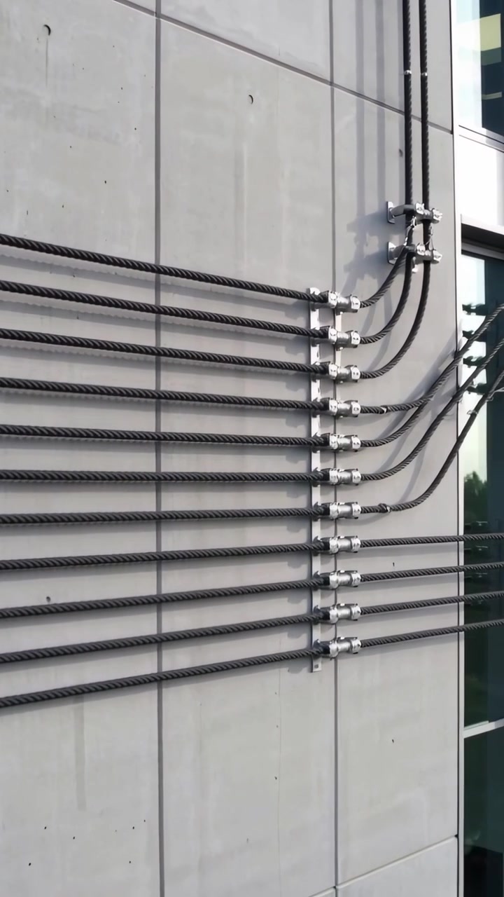 Video vertical: Cámara paneando a la derecha, revelando conductos blindados en paneles de hormigón y exponiendo abrazaderas.