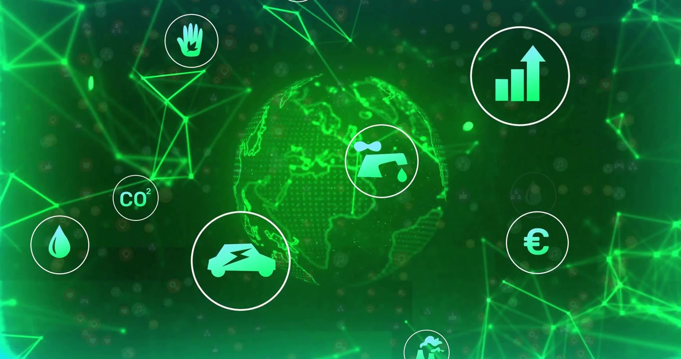 Globe rotating in green space icons entering edges pulsing, highlighting CO2, water, environment