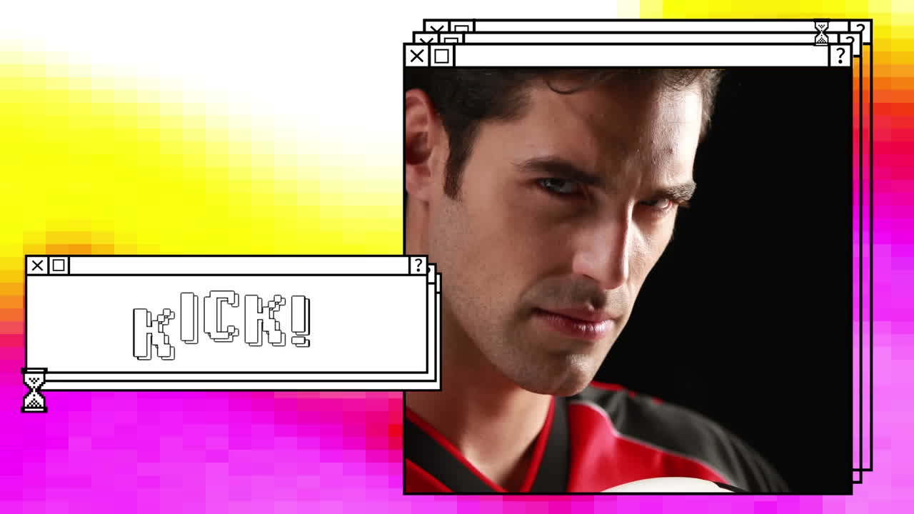 animación de patada en texto blanco en una ventana apilada, con un hombre sosteniendo una pelota de fútbol, en amarillo y rosa