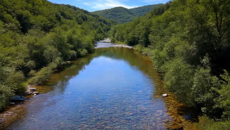 a serene river flowing through a lush green forested valley