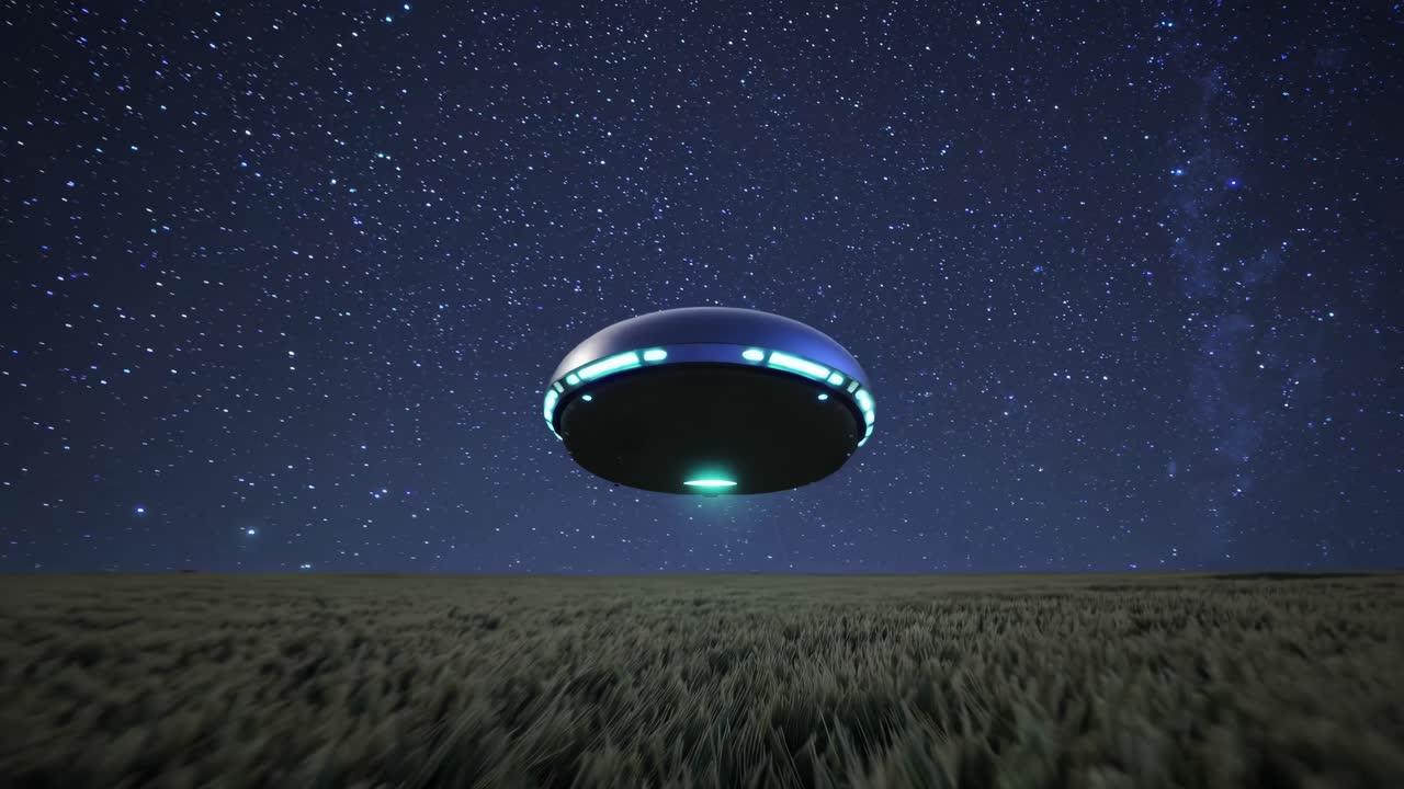 A low-angle video shot of a UFO hovering over a field under a starry night sky