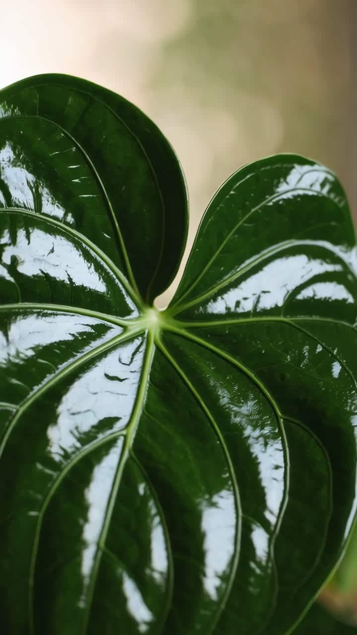 Close-up of a glossy green plant leaf with prominent veins