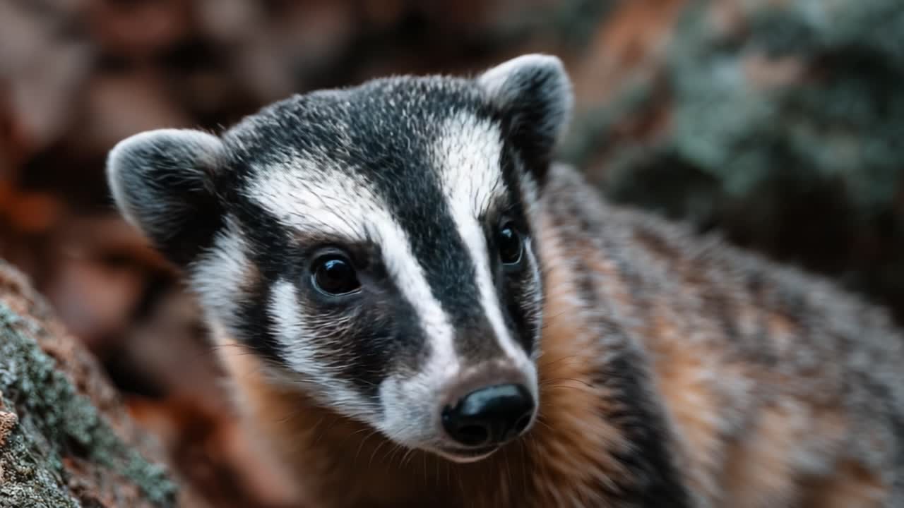 Un tasso curioso fissa la fotocamera tra le foglie autunnali, mostrando i suoi distintivi disegni facciali e un'espressione affascinante in un ambiente naturale.