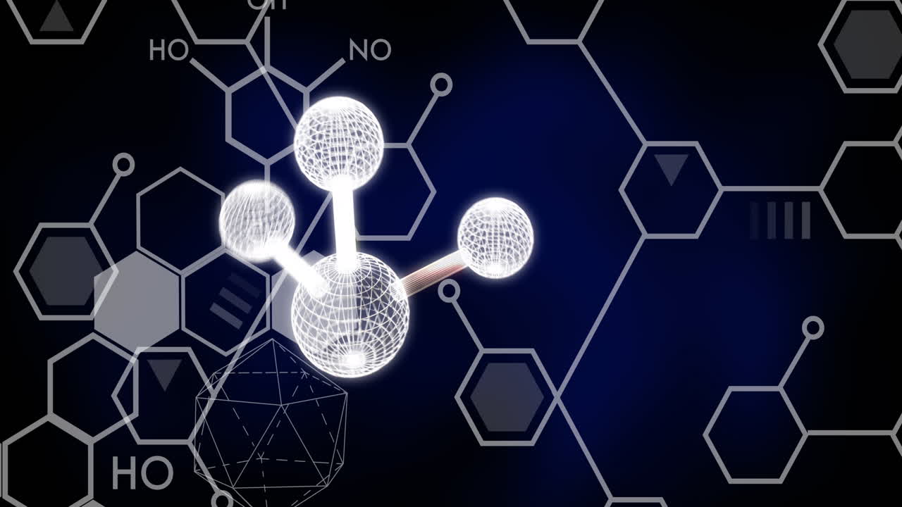 검은색 배경에 있는 화학 공식 위의 분자의 애니메이션